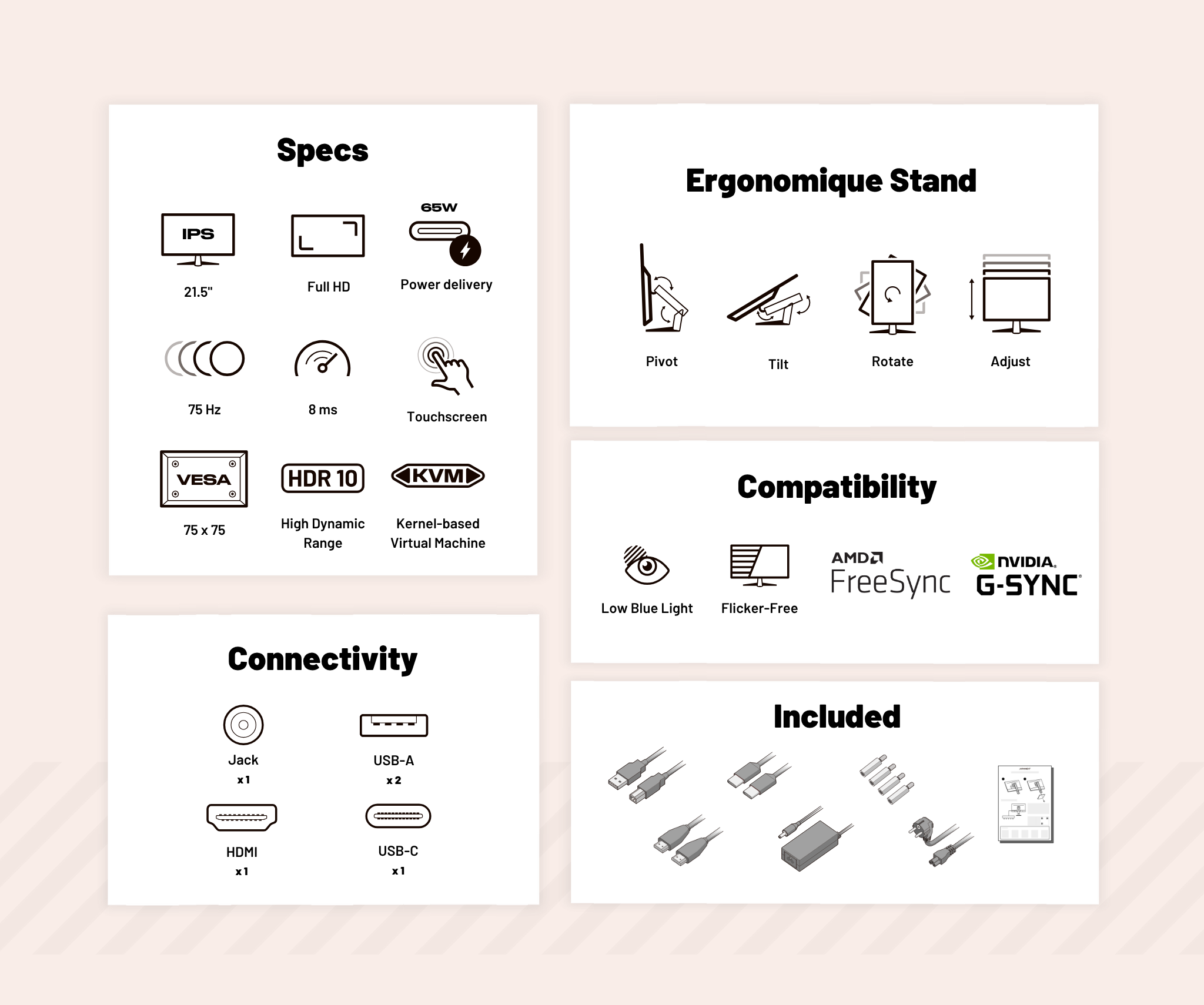 Monitor für den Bürobereich | 21,5" | FHD | Touchscreen | KVM | Stromversorgung 65 W | Ergonomischer Schwenkfuß