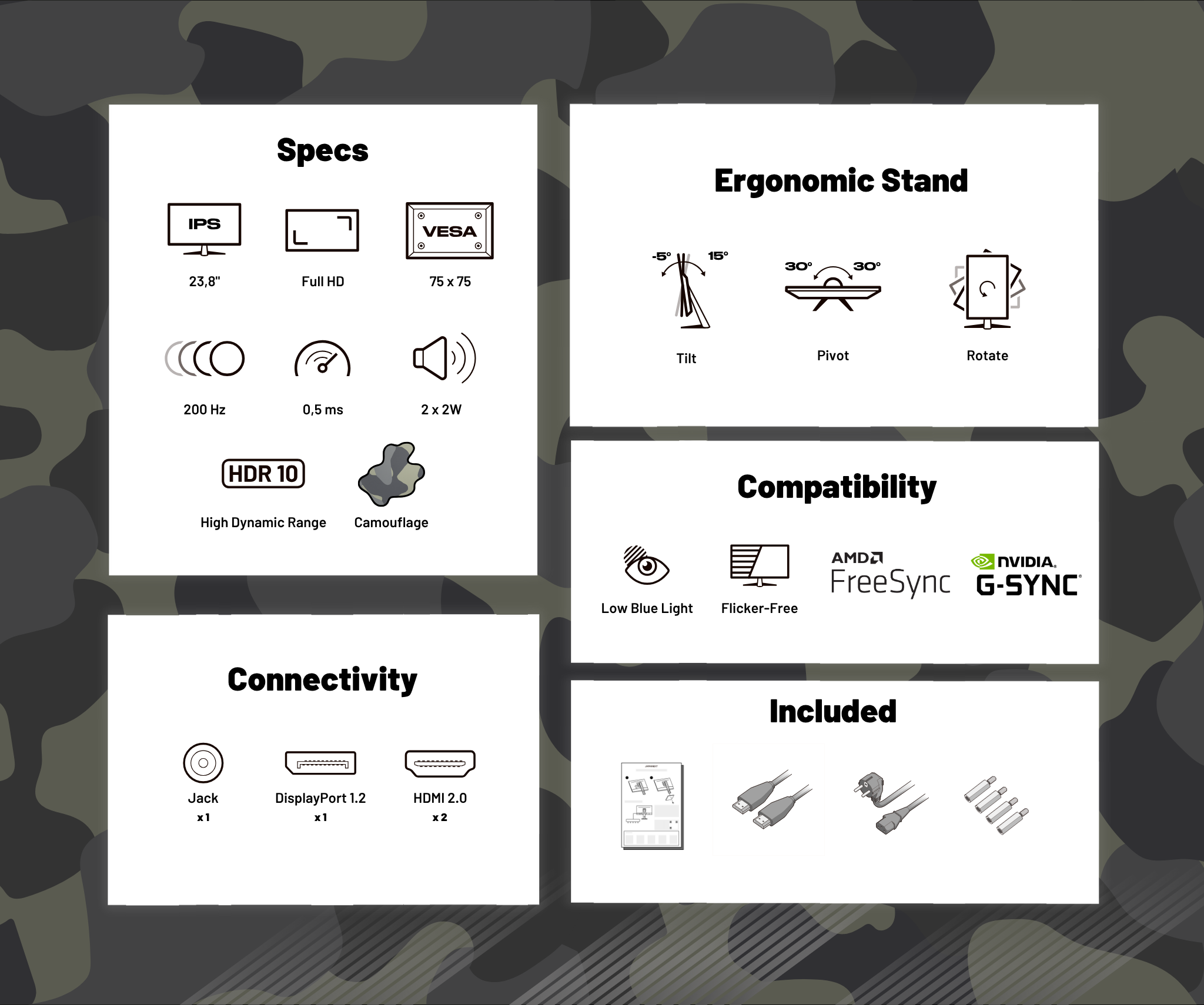 Gaming Monitor | 23,8" | IPS | FHD | 200 Hz | HSP | Tarnfarben-Design