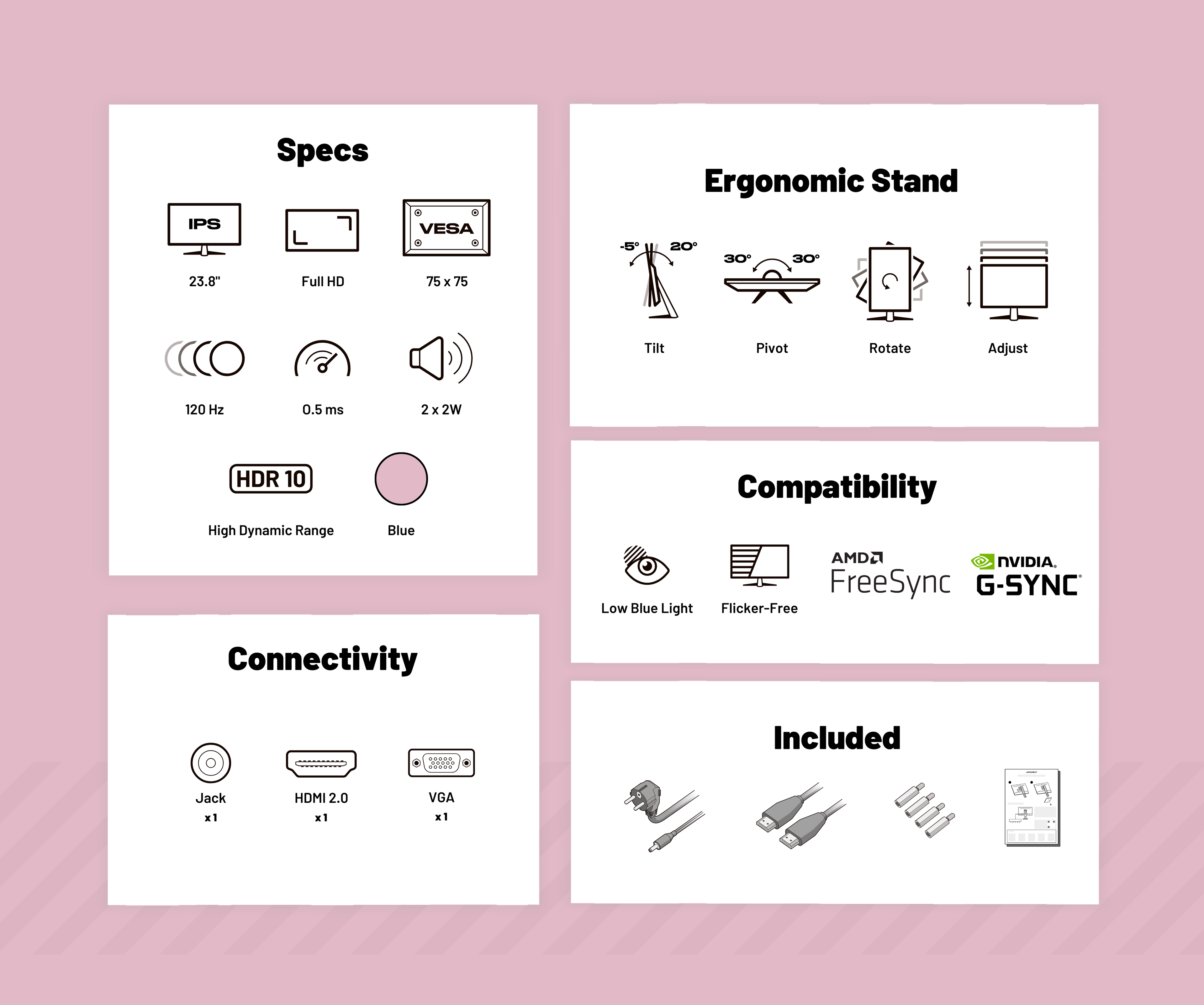 Gaming/deskwork monitor | 23.8" | IPS | FHD | 120Hz | Pastel pink