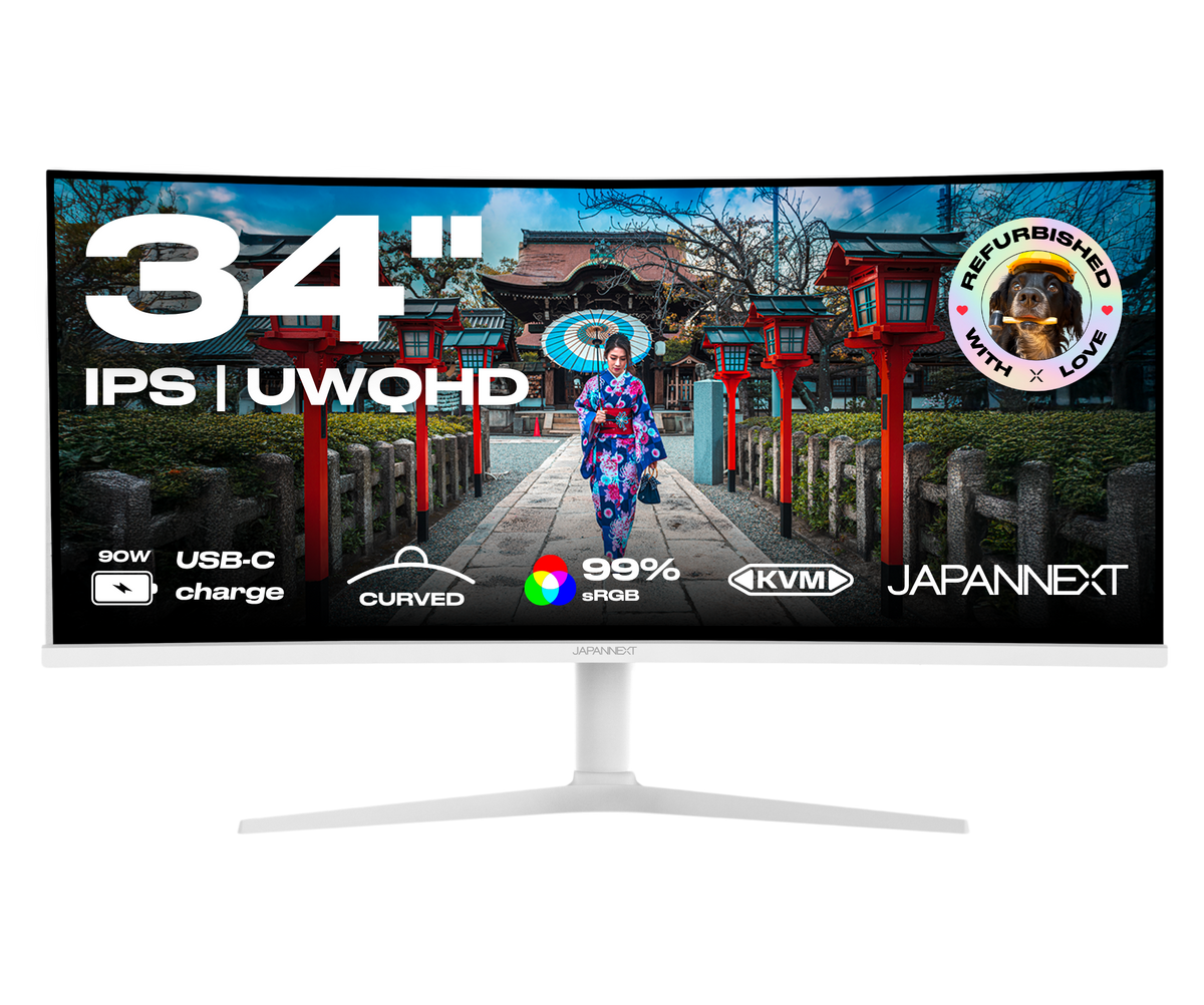 Écran PC incurvé Japannext 34 pouces UWQHD IPS reconditionné, blanc sur pied en V, USB-C 65 W et KVM