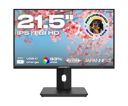 Écran PC bureautique Japannext 21,5 pouces Full HD IPS reconditionné, noir sur pied réglable, USB-C 65 W et KVM