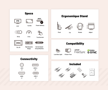 Monitor für den Bürobereich | 21,5&quot; | FHD | Touchscreen | KVM | Stromversorgung 65 W | Ergonomischer Schwenkfuß