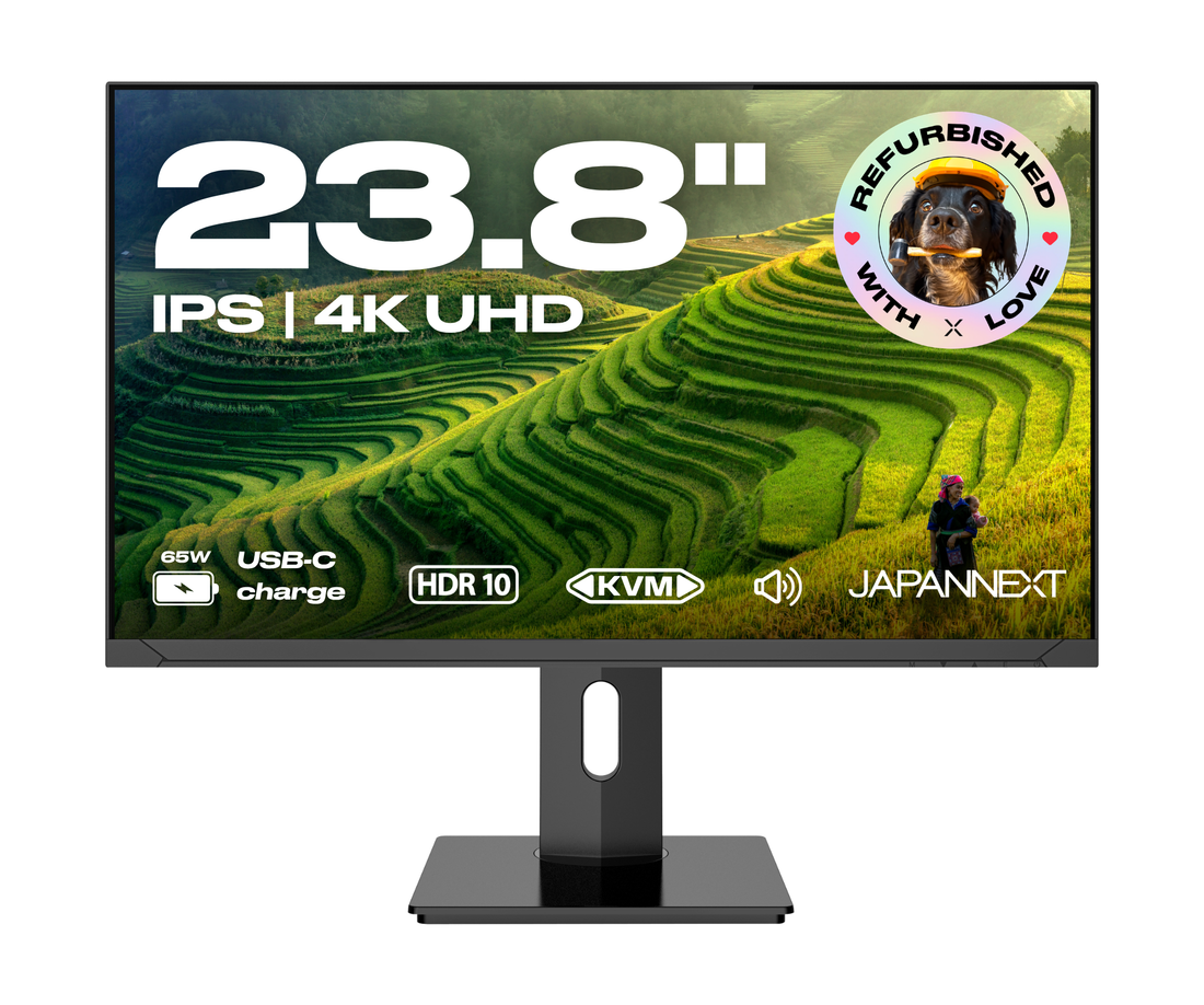 Écran PC bureautique Japannext 23,8 pouces 4K UHD IPS reconditionné, noir sur pied réglable, USB-C 65 W et KVM