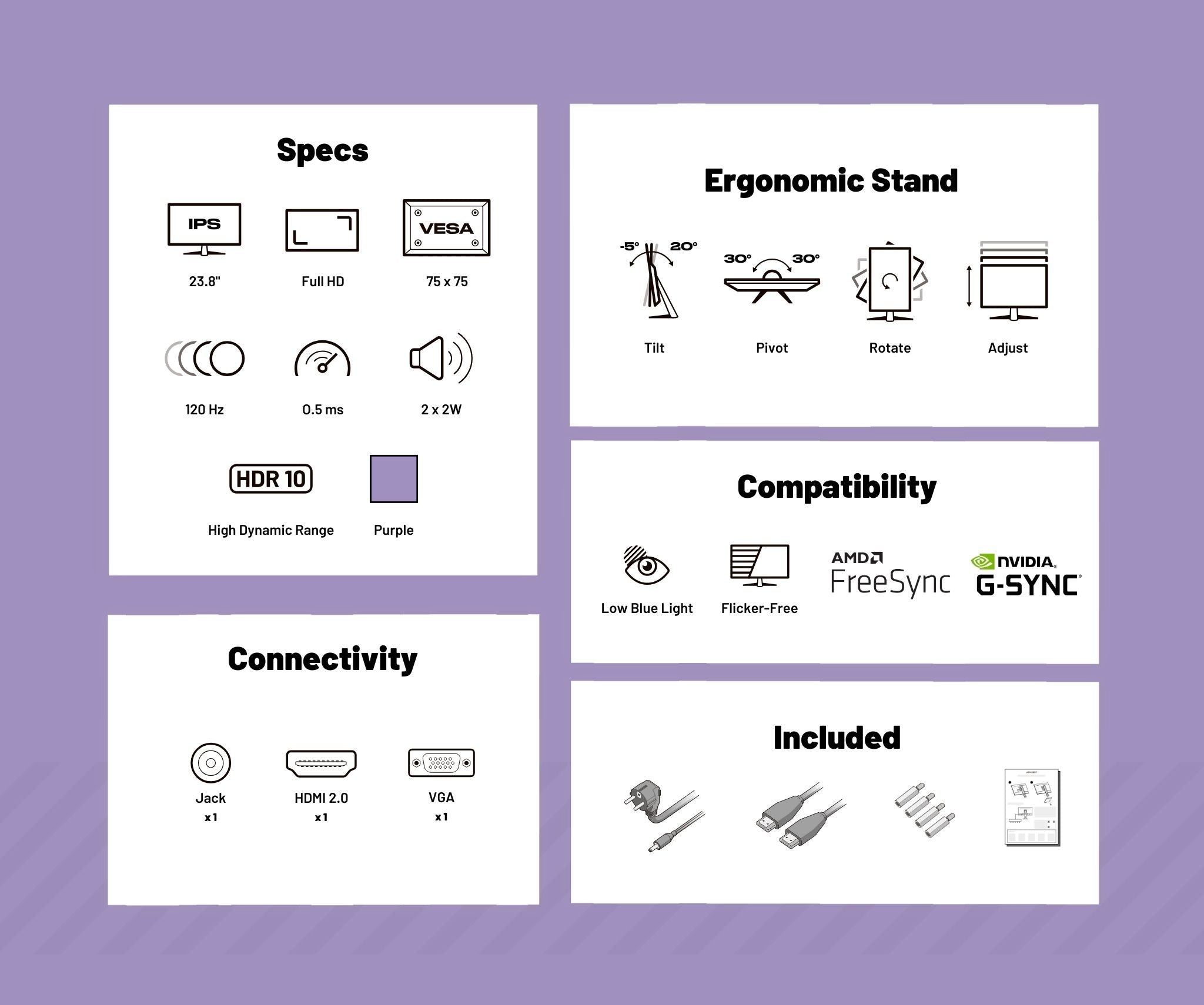 Gaming/Deskwork Monitor | 23.8" | IPS | Full HD | 120Hz | Pastel Purple