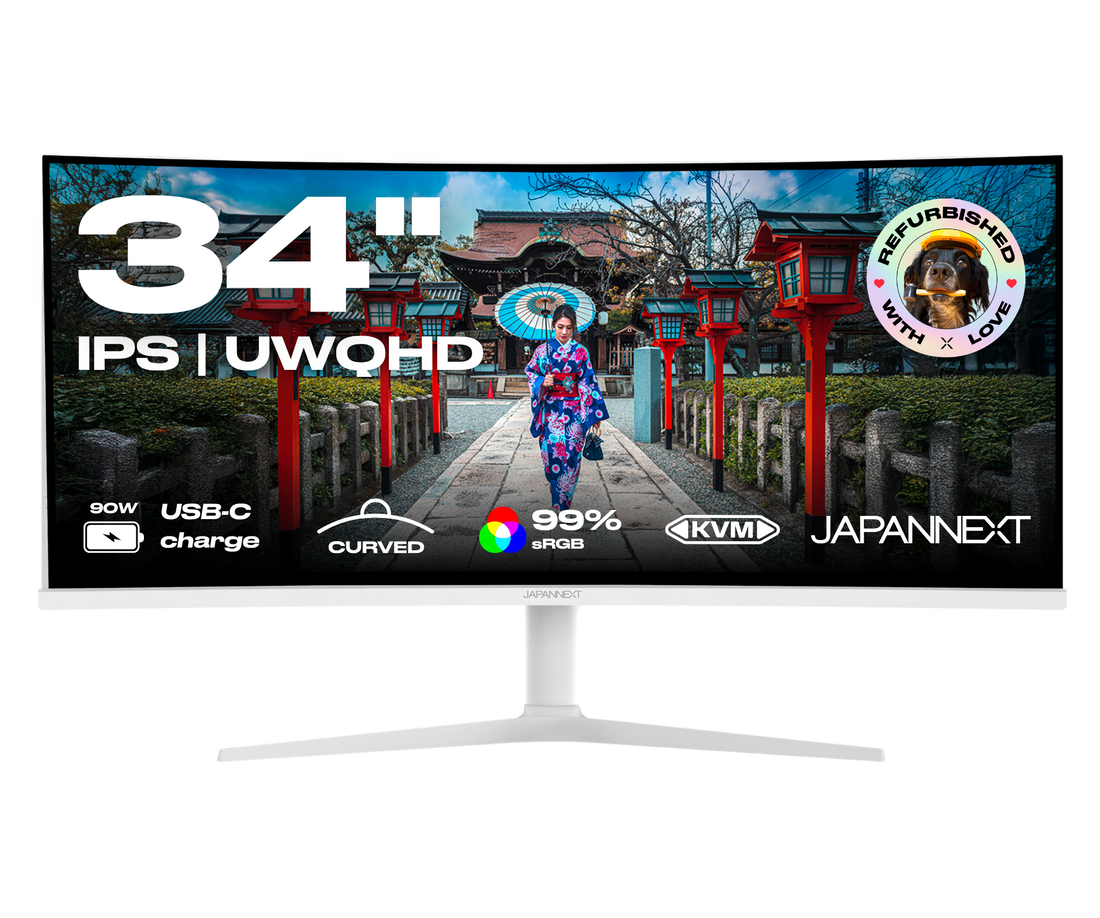 Écran PC incurvé Japannext 34 pouces UWQHD IPS reconditionné, blanc sur pied en V, USB-C 65 W et KVM